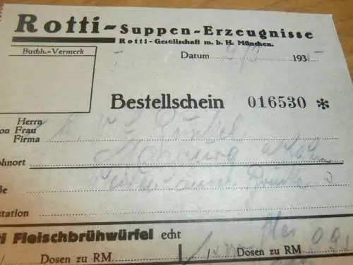 Rotti - Suppen GmbH in München - 1935 , Brühwürfel , Suppen , altes Dokument !!