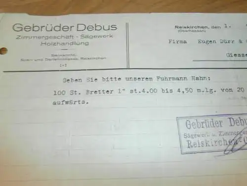 Sägewerk und Zimmerei - Gebrüder Debus in Reiskirchen i. Hessen , 1938 , altes Dokument !!