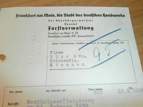 Der Oberbürgermeister - Forstverwaltung in Frankfurt a.M., 1938 , Holz , Forst , Holzbau , altes Dokument !!
