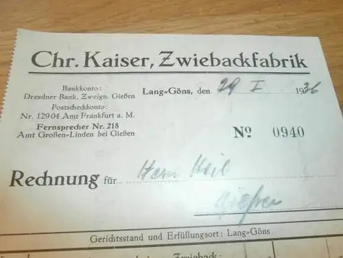 Zwiebackfabrik - Chr. Kaiser in Lang-Göns / Langgöns , 1936 , Zwieback , altes Dokument !!
