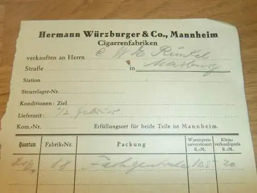 Cigarrenfabrik - Hermann Würzburger & Co. in Mannheim , 1929 , Zigarren , Cigarren , altes Dokument !!