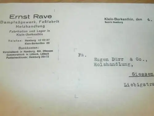 Dampfsägewerk - Ernst Rave in Klein Berkenthin / Berkenthin , 1938 , altes Dokument !!