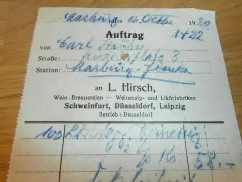 Brennerei und Likörfabrik L. Hirsch in Schweinfurt , Düsseldorf , 1929 , F. Wingerath in Köln , altes Dokument !!