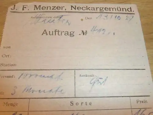 J.F. Menzer in Neckargemünd , 1928 , altes Dokument !!