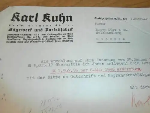 Sägewerk und Parkettfabrik - Karl Kuhn in Stadtprozelten a.M., 1938 , bei Miltenberg , altes Dokument !!