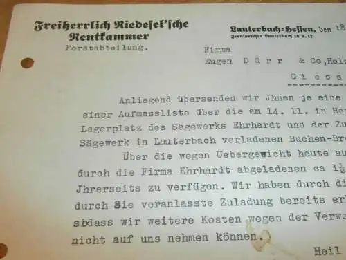 Freiherrlich Riedel`sche Rentkammer in Lauterbach i. Hessen , 1938 , Forst , Holz , Holzbau , altes Dokument !!