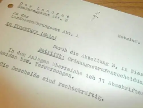 Der Landrat - Ernährungsamt - Wetzlar 1942 , altes Dokument !!