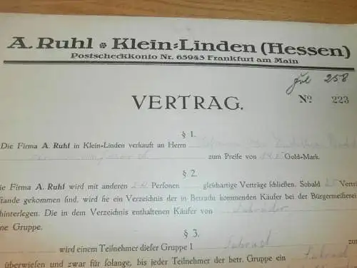 Vertrag für Fahrrad , 1925 , Kleinlinden b. Gießen  , altes Dokument !!