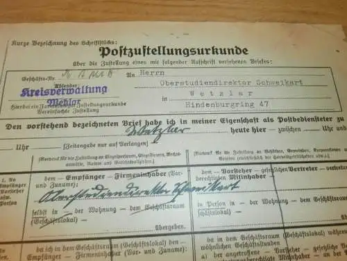 Post-Zustellungsurkunde , Oberstudienrat Schweikart in Wetzlar , 1942 , altes Dokument !!