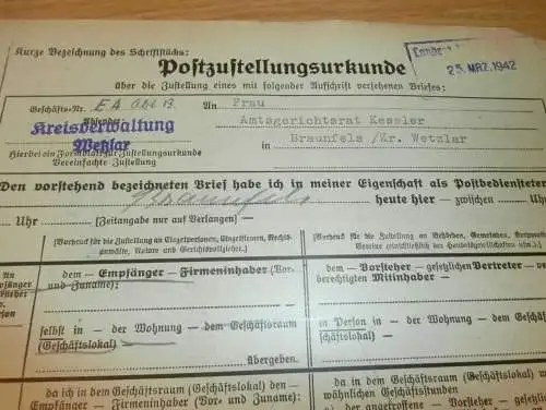 Post-Zustellungsurkunde , Frau Kessler in Braunfels b. Wetzlar , 1942 , altes Dokument !!