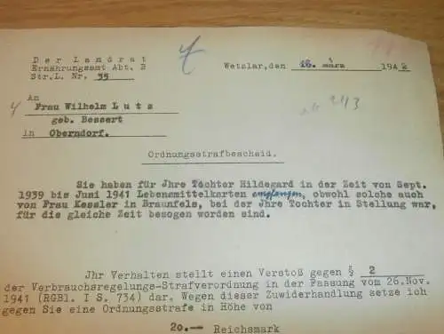 Strafbescheid v. Amtsgericht Wetzlar , 1942 , W. Lutz in Oberndorf , Lebensmittelkarten , altes Dokument !!