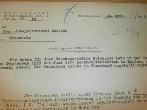 Strafbescheid v. Amtsgericht Wetzlar , 1942 ,  H. Lutz in Oberndorf , Frau Kessler Gericht in Braunfels , altes Dokument
