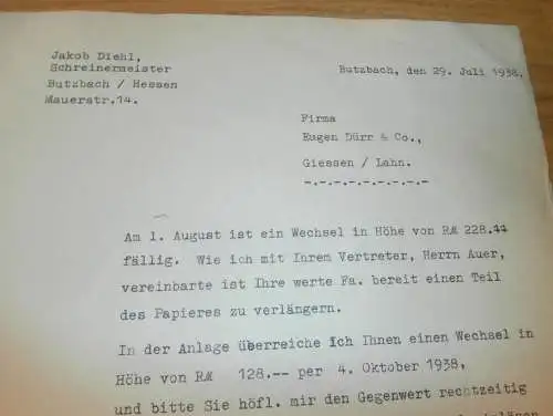Schreinermeister - Jakob Diehl in Butzbach b. Darmstadt , 1938 , alte Rechnung , altes Dokument !!