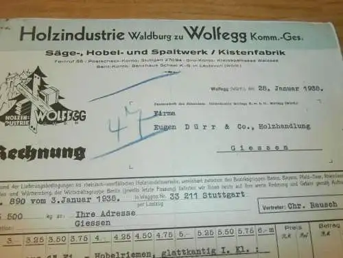 Holzindustrie Waldburg zu Wolfegg KG , 1938 , alte Rechnung , altes Dokument !!