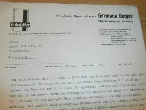Sperrholzwerk Eichsfeld - Hermann Becher in Niederorschel b. Eichsfeld , 1938 , alte Rechnung , altes Dokument !!