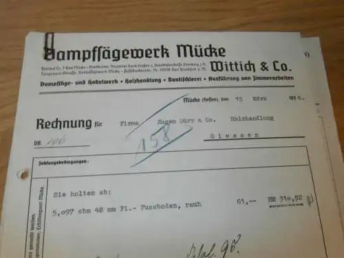 Dampfsägewerk Mücke , Wittich & Co. in Mücke i. Hessen , 1938 , alte Rechnung , altes Dokument !!