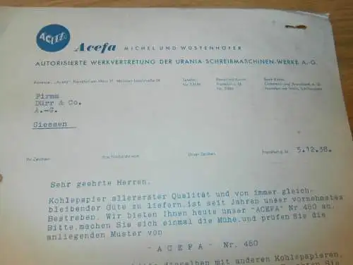ACEFA - Urania Schreibmaschinen - Michel und Wüstenhöfer in Frankfurt a.M., 1938 , alte Rechnung , altes Dokument !!