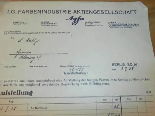 IG Farbenindustrie AGFA in Berlin / Frankfurt , 1938 , alte Rechnung , altes Dokument !!!