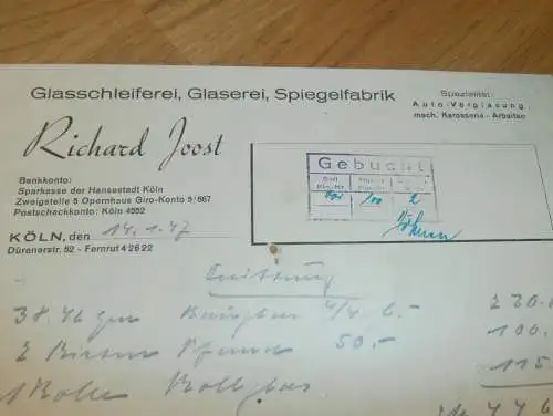 Glaserei und Spiegelfabrik - Richard Joost in Boppard , 1947 , St. Goar , alte Rechnung , altes Dokument !