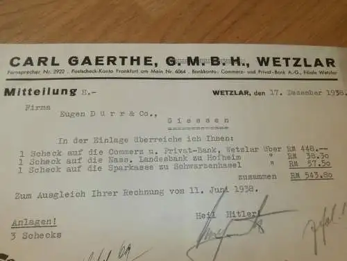Carl Gaerthe GmbH in Wetzlar , 1938 , alte Rechnung , altes Dokument !