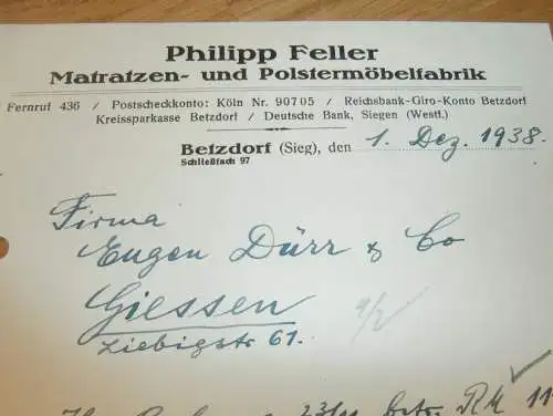 Matratzen- und Polstermöbel - Philipp Feller in Betzdorf a. Sieg , 1938 , alte Rechnung , altes Dokument !