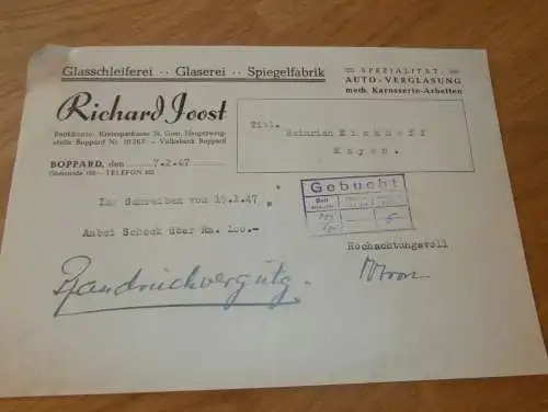 Glaserei und Spiegelfabrik - Richard Joost in Boppard , 1947 , St. Goar , alte Rechnung , altes Dokument !