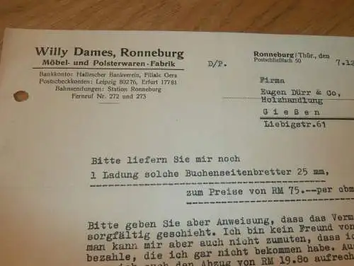 Möbelfabrik - Willy Dames in Ronneburg i. Thüringen , 1938 , alte Rechnung , altes Dokument !