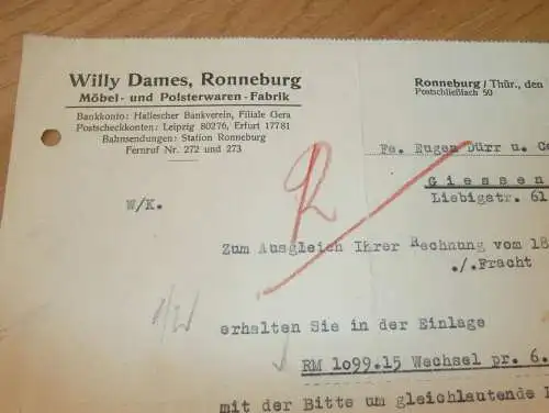 Möbelfabrik - Willy Dames in Ronneburg i. Thüringen , 1938 , alte Rechnung , altes Dokument !