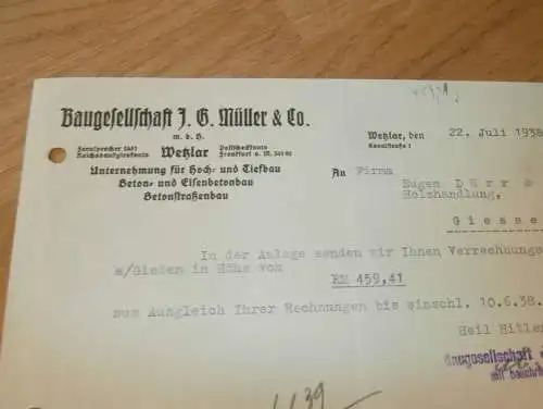 Baugesellschaft - J.G. Müller in Wetzlar , 1938 , alte Rechnung , altes Dokument !