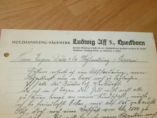 Sägewerk und Holzhandlung - Ludwig Aff in Queckborn b. Grünberg , 1938 , alte Rechnung , altes Dokument !