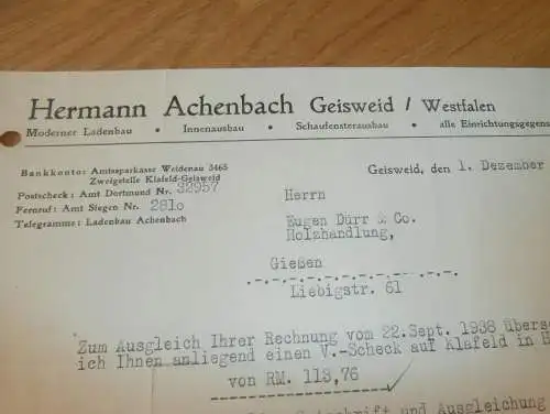 Ladenbau - Hermann Achenbach in Geisweid b. Siegen , 1938 , alte Rechnung , altes Dokument !
