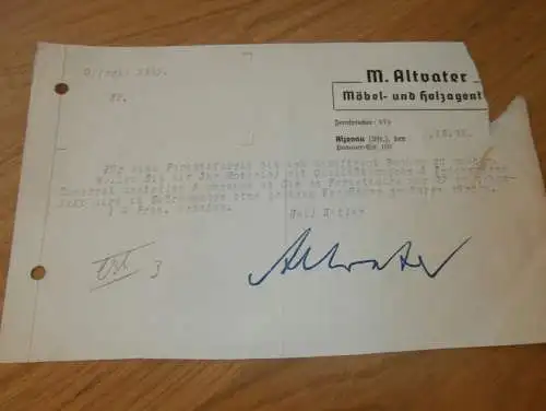 Möbel- und Holzagent - M. Altvater in Alzenau i. Unterfranken , 1938 , altes Dokument !