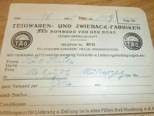 Teigwaren- und Zwieback-Fabrik - Bad Homburg vor der Höhe , 1935 , alte Rechnung , altes Dokument !