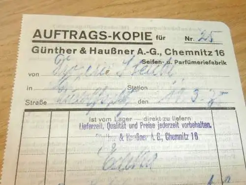Seifen- und Parfümfabrik - Günther & Haußner in Chemnitz , 1938 , alte Rechnung , altes Dokument !