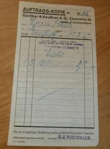 Seifen- und Parfümfabrik - Günther & Haußner in Chemnitz , 1938 , alte Rechnung , altes Dokument !