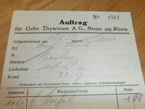 Gebrüder Thywissen AG in Neuss am Rhein , 1938 , alte Rechnung , altes Dokument !