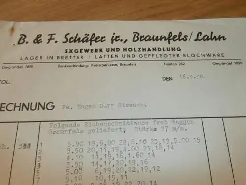 Sägewerk und Holzhandel B.& F. Schäfer in Braunfels a. Lahn , 1938 , alte Rechnung , altes Dokument !