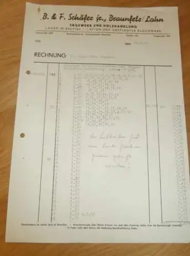 Sägewerk und Holzhandel B.& F. Schäfer in Braunfels a. Lahn , 1938 , alte Rechnung , altes Dokument !