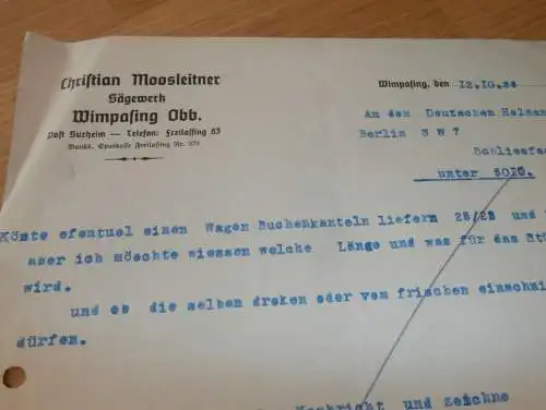 Sägewerk - Christian Moosleitner in Wimpasing Obb. b. Saaldorf - Surheim , 1938  , alte Rechnung , altes Dokument !