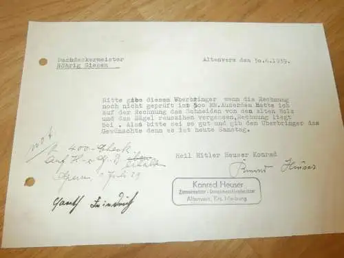 Zimmerei und Dreschmaschinen - Konrad Heuser in Altenvers / Lohra b. Marburg , 1939 , alte Rechnung , altes Dokument !