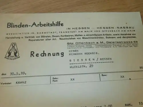 Blinden-Arbeitshilfe / Blindenwerkstatt in Offenbach , 1939 , Darmstadt , Frankfurt , alte Rechnung , altes Dokument !