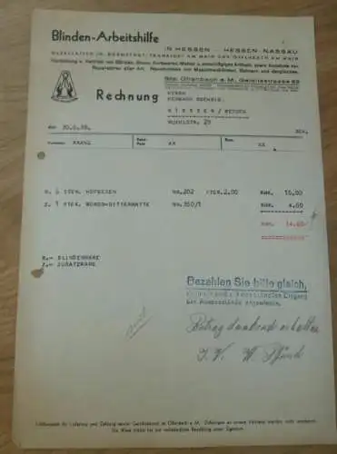 Blinden-Arbeitshilfe / Blindenwerkstatt in Offenbach , 1939 , Darmstadt , Frankfurt , alte Rechnung , altes Dokument !