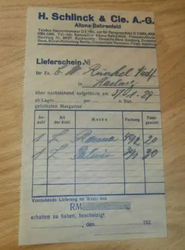 H. Schlinck & Cie. AG in Hamburg Altona-Bahrenfeld , 1929 , alte Rechnung , altes Dokument !