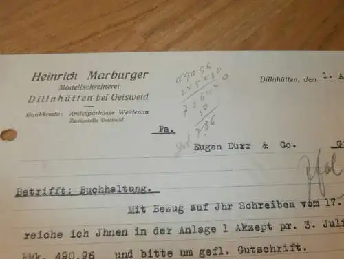 Schreinerei - Heinrich Marburger in Dillnhütten b. Geisweid / Siegen , 1938 , alte Rechnung , altes Dokument !