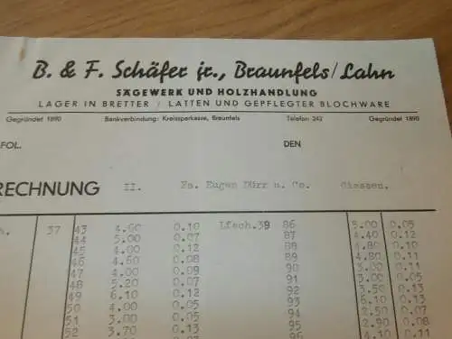 Sägewerk und Holzhandel B.& F. Schäfer in Braunfels a. Lahn , 1938 , alte Rechnung , altes Dokument !