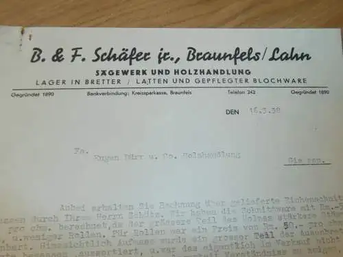 Sägewerk und Holzhandel B.& F. Schäfer in Braunfels a. Lahn , 1938 , alte Rechnung , altes Dokument !