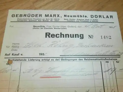 Gebrüder Marx in Neumühle b. Dorlar / Lahnau , 1938 , alte Rechnung , altes Dokument !