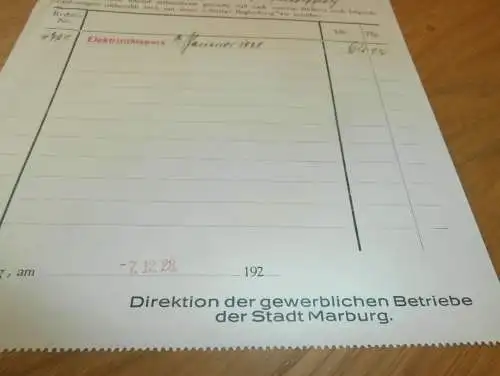 Elektrizitätzswerk Marburg 1928 , alte Rechnung , altes Dokument !