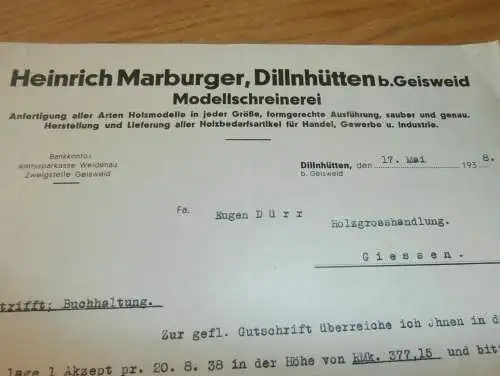 Schreinerei - Heinrich Marburger in Dillnhütten b. Geisweid , 1938 , Siegen , alte Rechnung , altes Dokument !