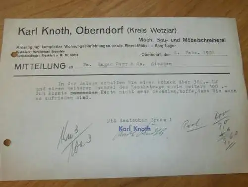 Schreinerei - Karl Knoth in Oberndorf b. Wetzlar , 1938 , alte Rechnung , altes Dokument !